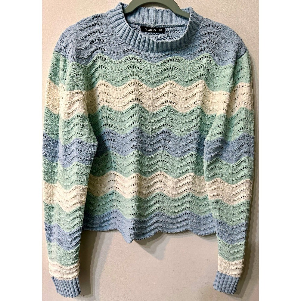 Zudio Women XXL Sweater Pastel Chevron Wave Pointelle Knit Blue Mint Colorblock